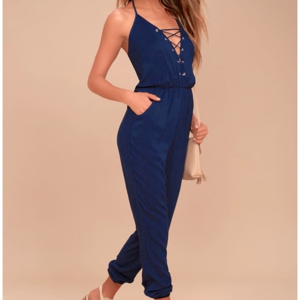 Lulu's Unpredictable navy blue lace-up jumpsuit